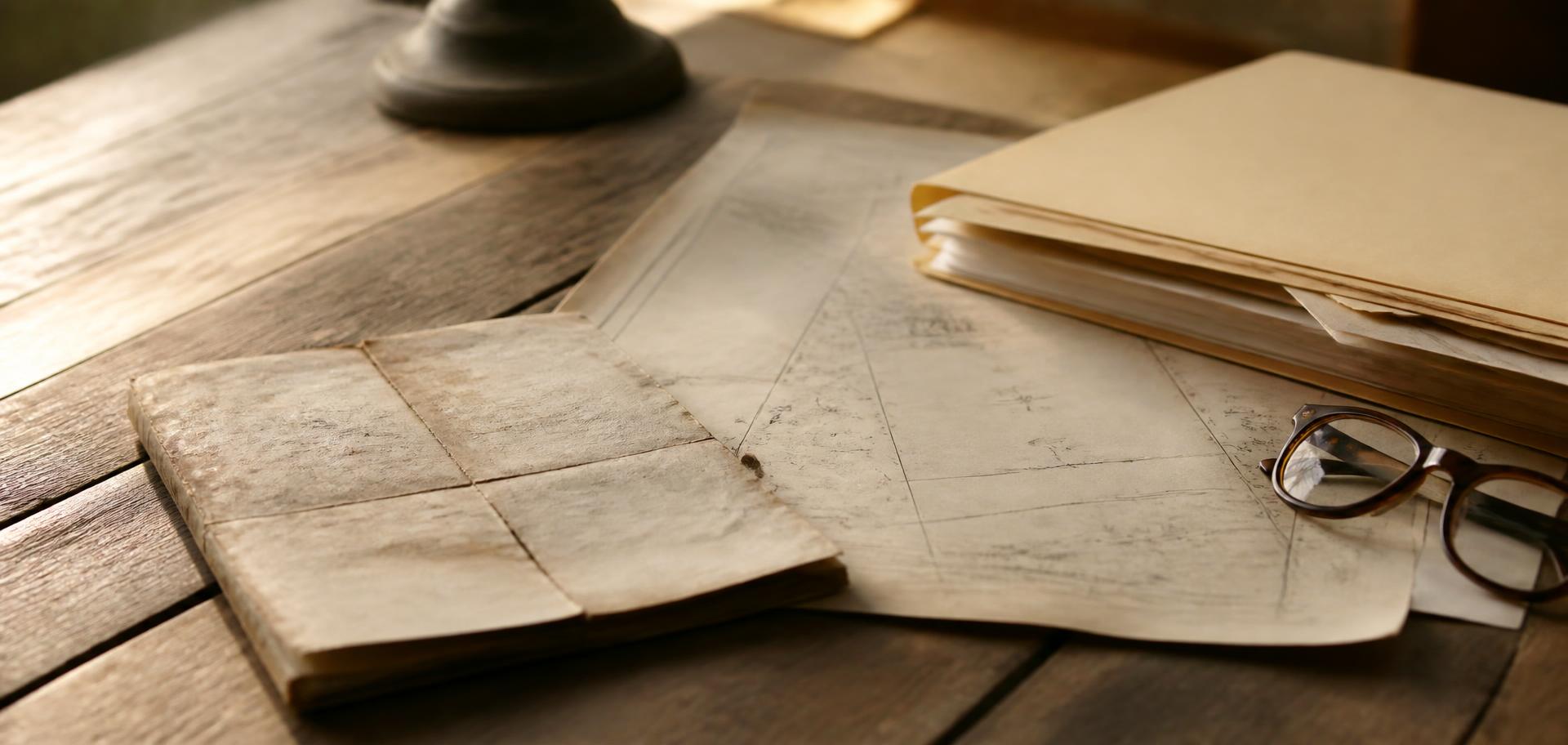 An old deed, a hand-drawn survey plat, and a folder of family land records on a farmhouse table